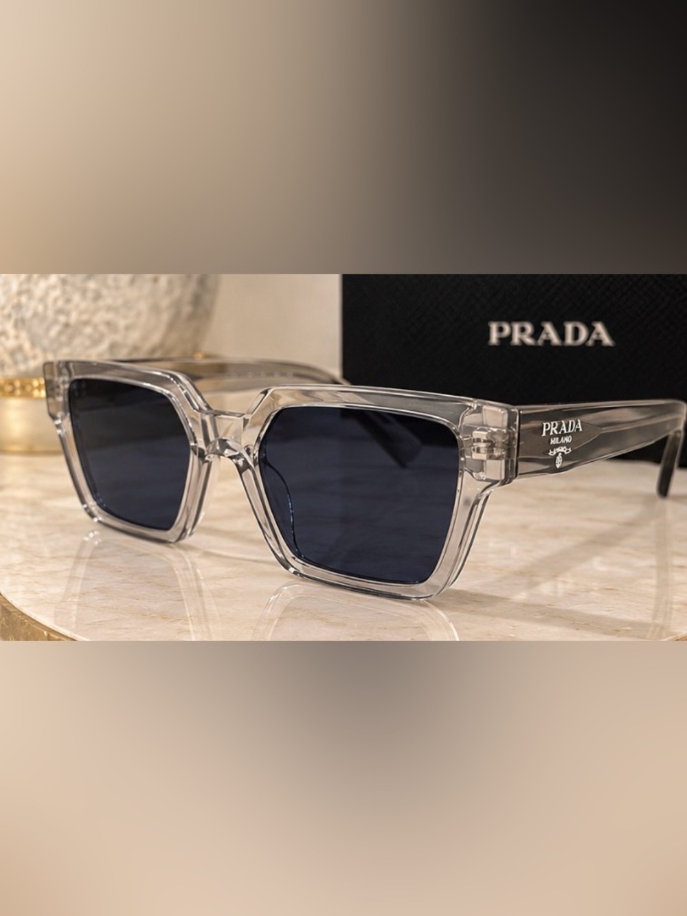 Prada PR 09ZS Clear Transparent Gray Rectangle Sunglasses NWT Polarized